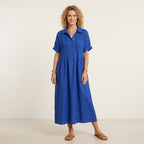 Sommerkleid für Damen in A-Linie mit kurzen Ärmeln aus Leinen Blau 7