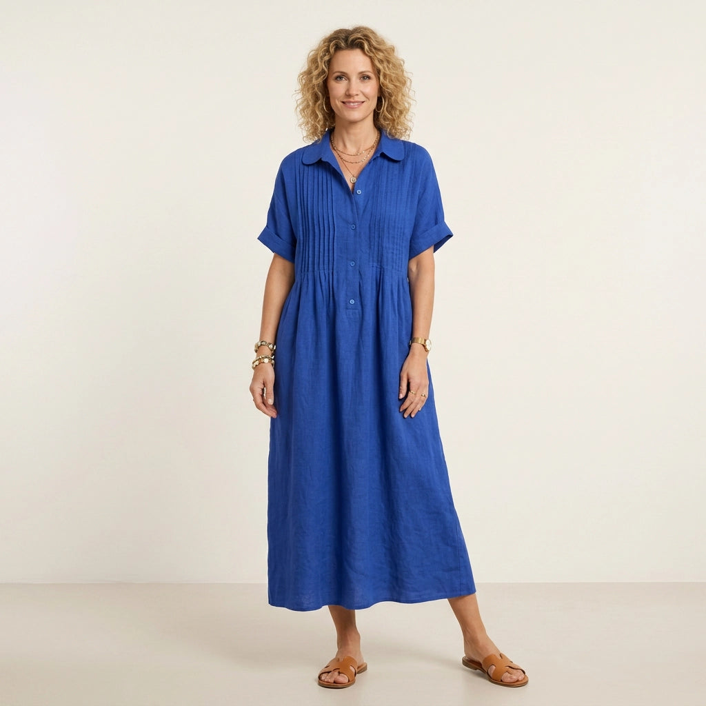 Sommerkleid für Damen in A-Linie mit kurzen Ärmeln aus Leinen Blau 7