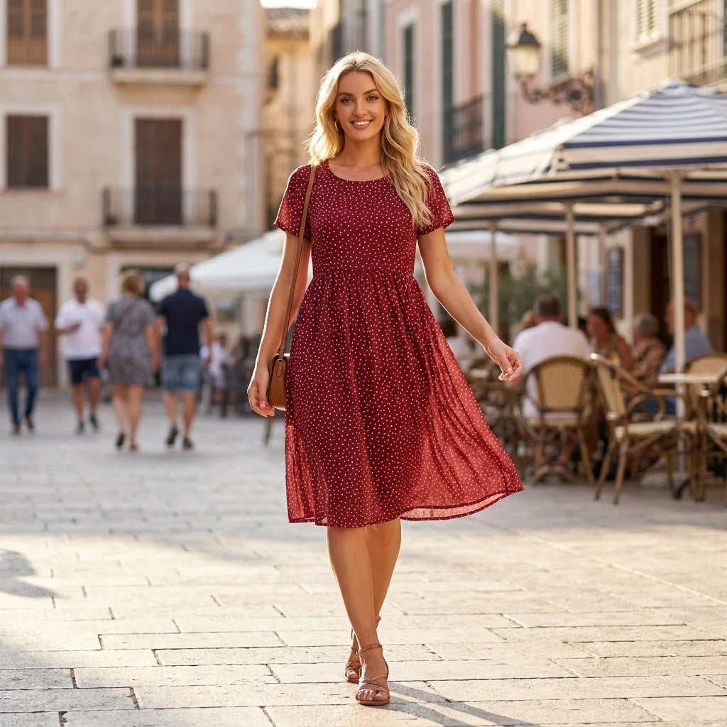 Sommerkleid für Damen in A-Linie mit kurzen Ärmeln im Blumenmuster Rot 4