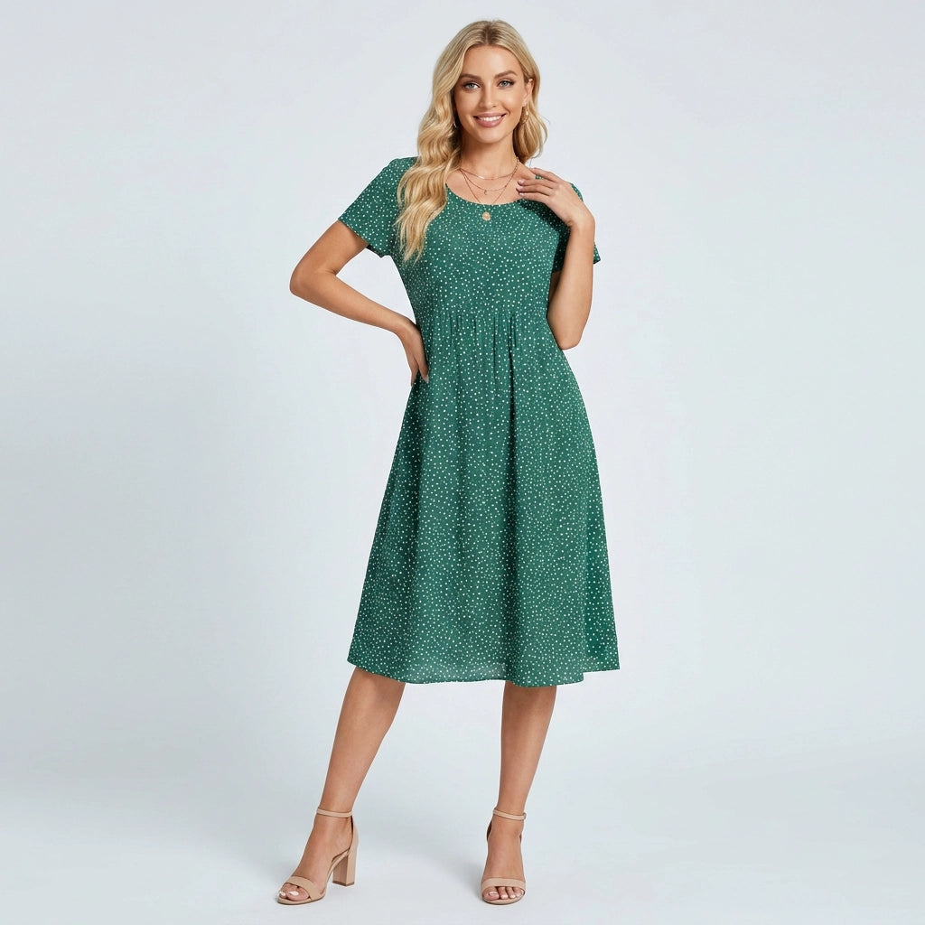 Sommerkleid für Damen in A-Linie mit kurzen Ärmeln im Blumenmuster Grün 6