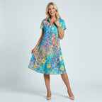 Sommerkleid für Damen in A-Linie mit kurzen Ärmeln im Blumenmuster Türkis 7