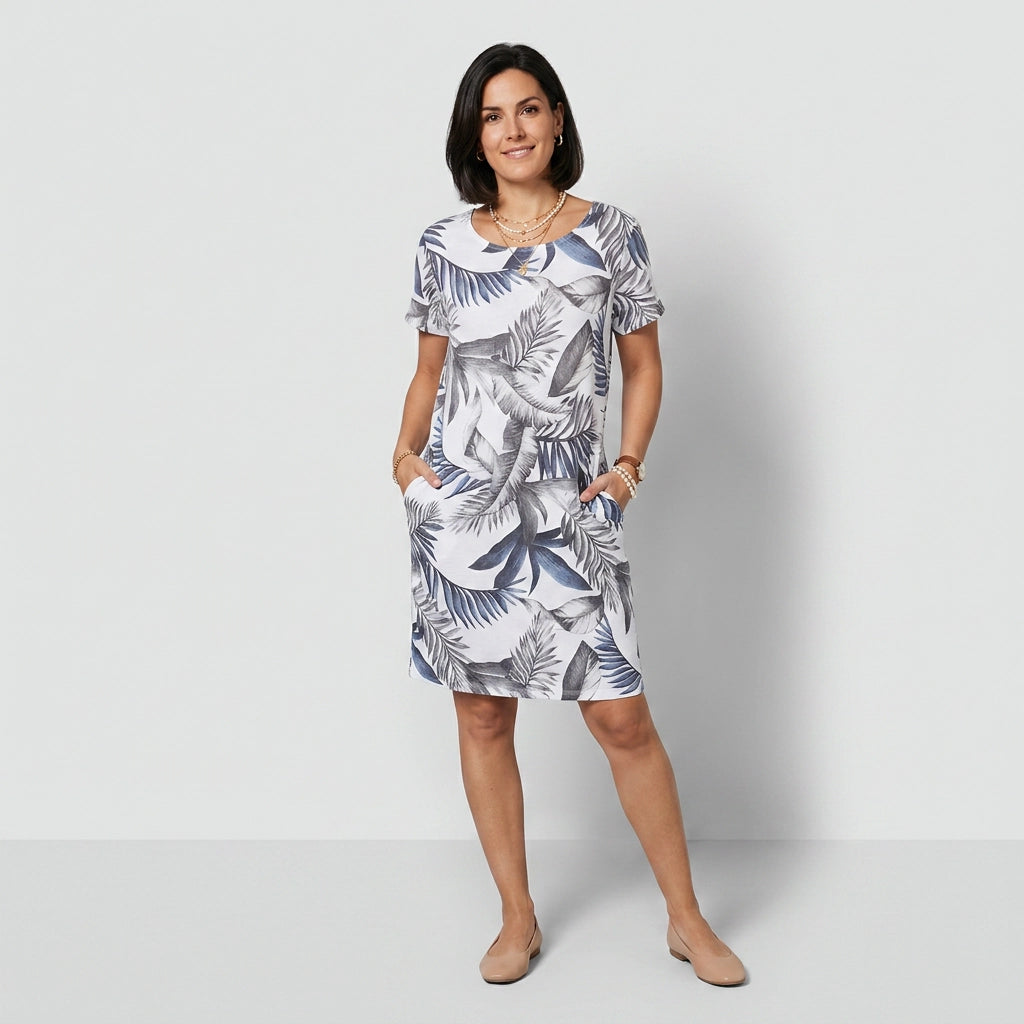 Sommerkleid für Damen in A-Linie mit kurzen Ärmeln und Taschen Blau 2