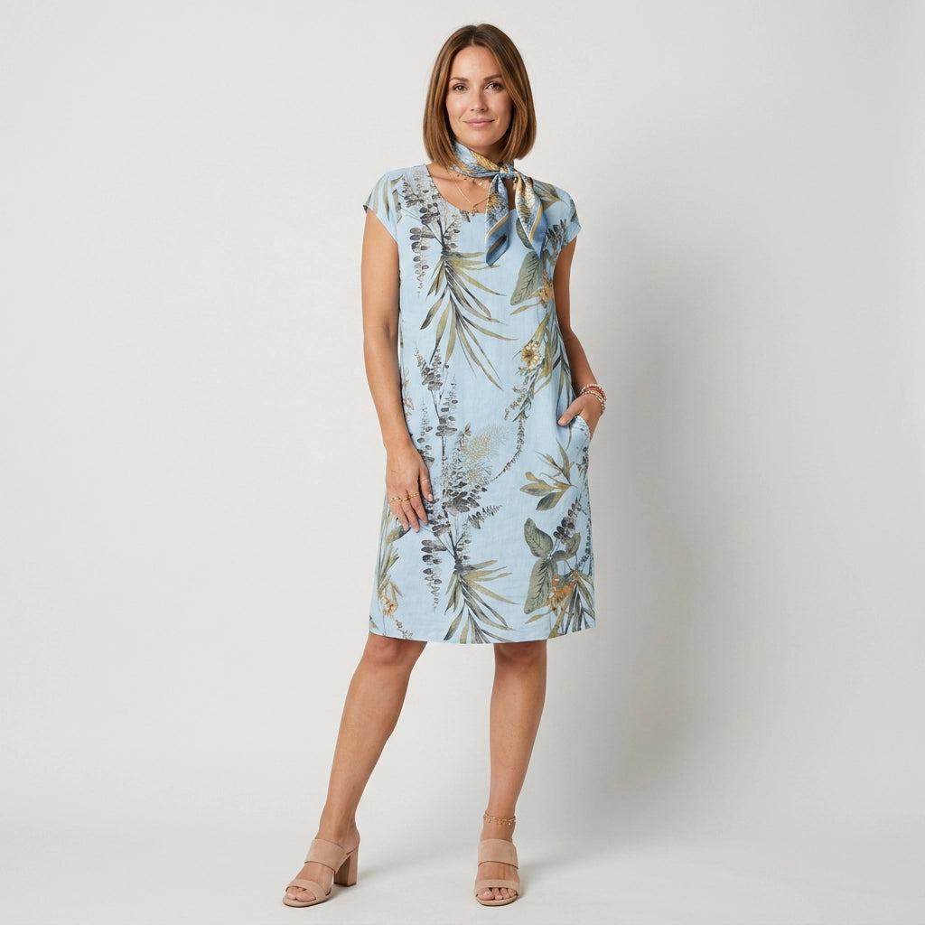 Sommerkleid für Damen in A-Linie mit kurzen Ärmeln und Taschen Hellblau 5