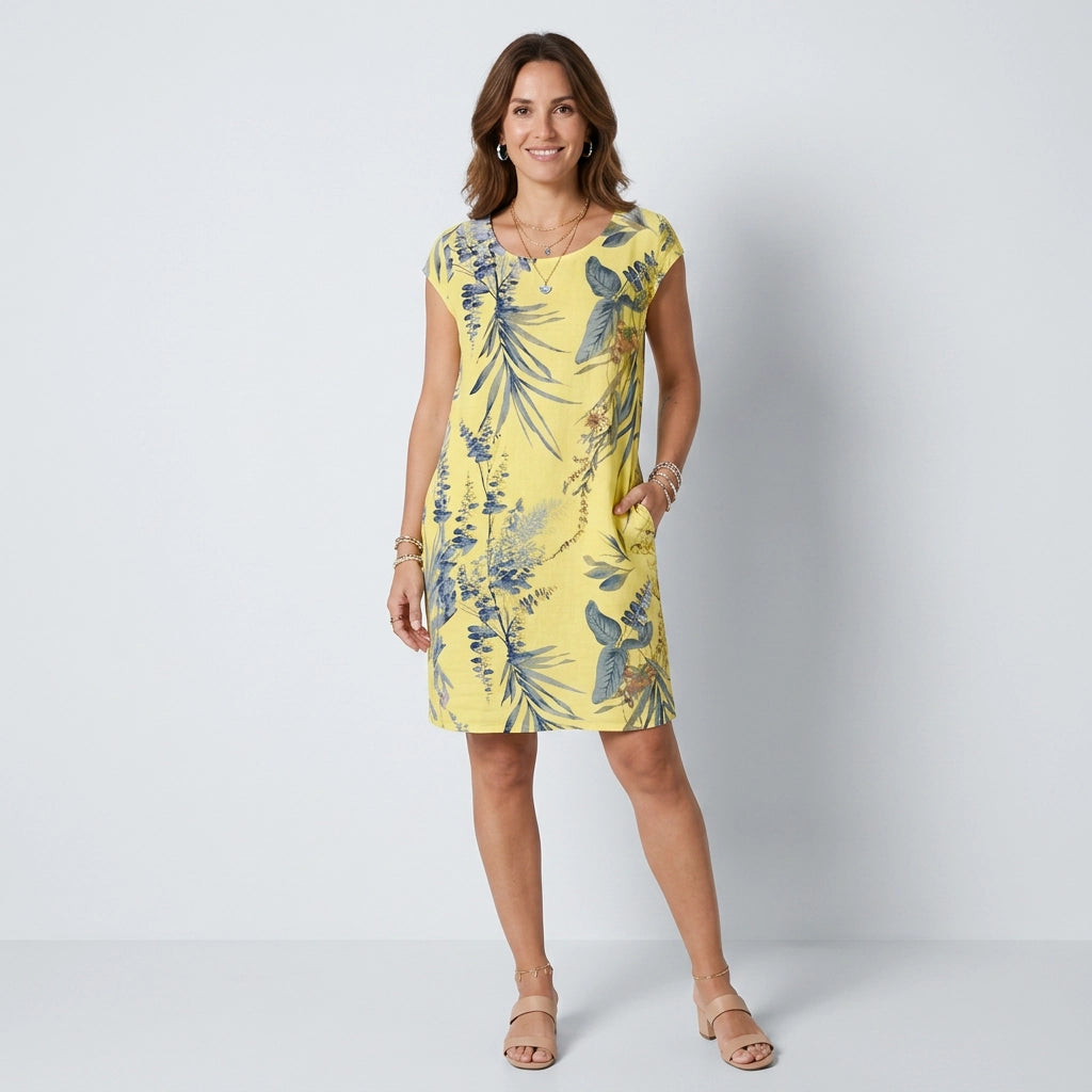 Sommerkleid für Damen in A-Linie mit kurzen Ärmeln und Taschen Gelb 6