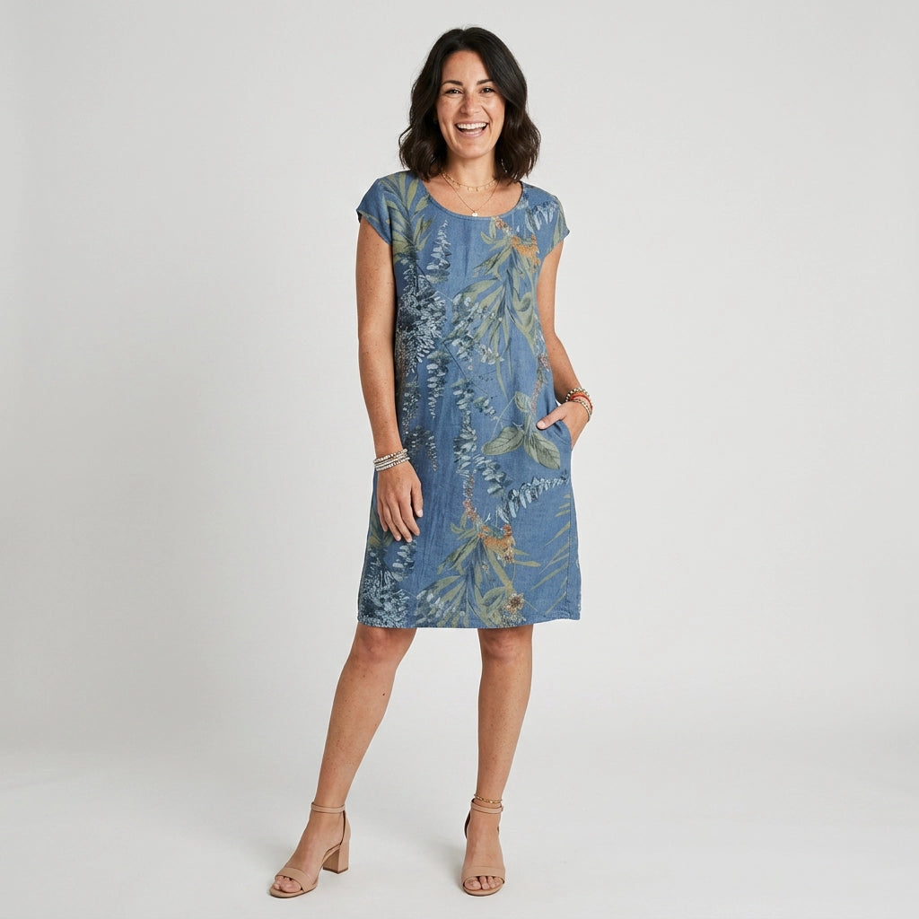 Sommerkleid für Damen in A-Linie mit kurzen Ärmeln und Taschen Dunkelblau 7