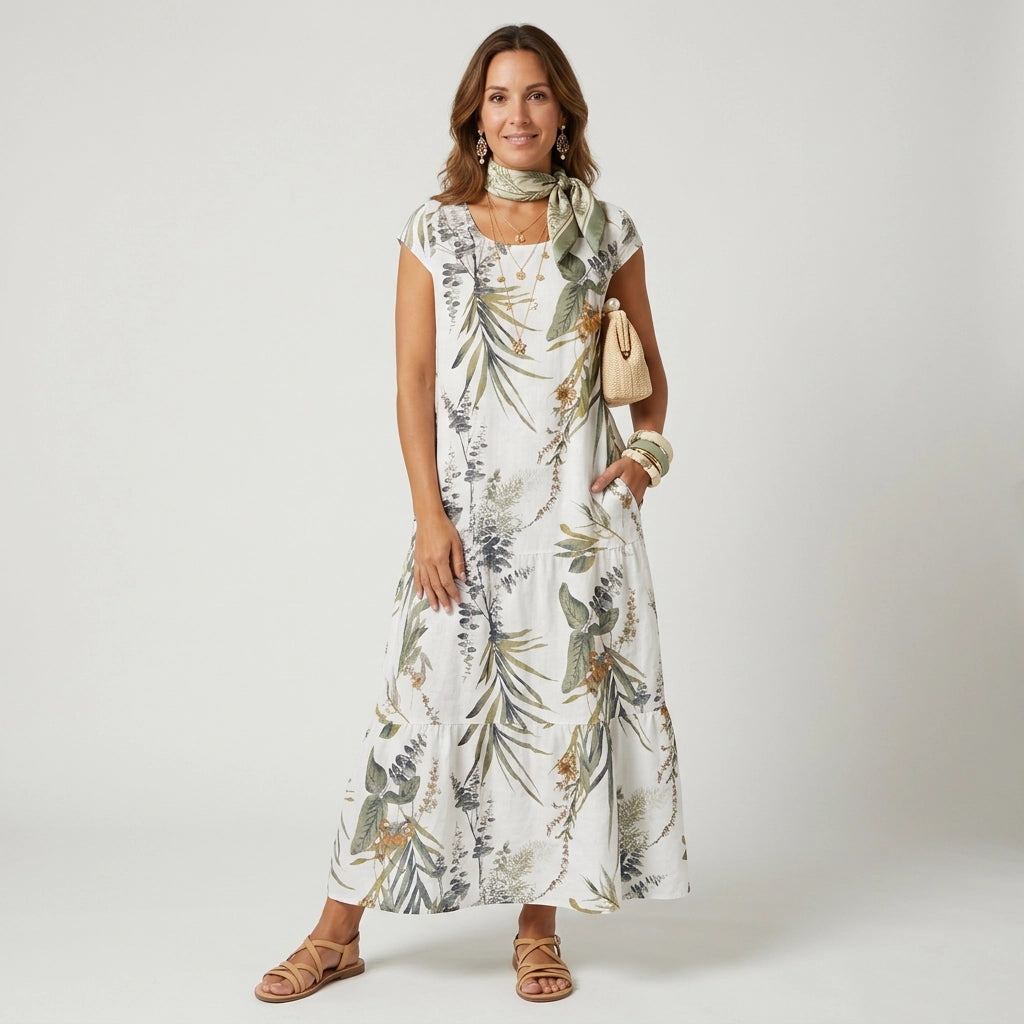 Sommerkleid für Damen in A-Linie mit kurzen Ärmeln und Taschen Weiß 8
