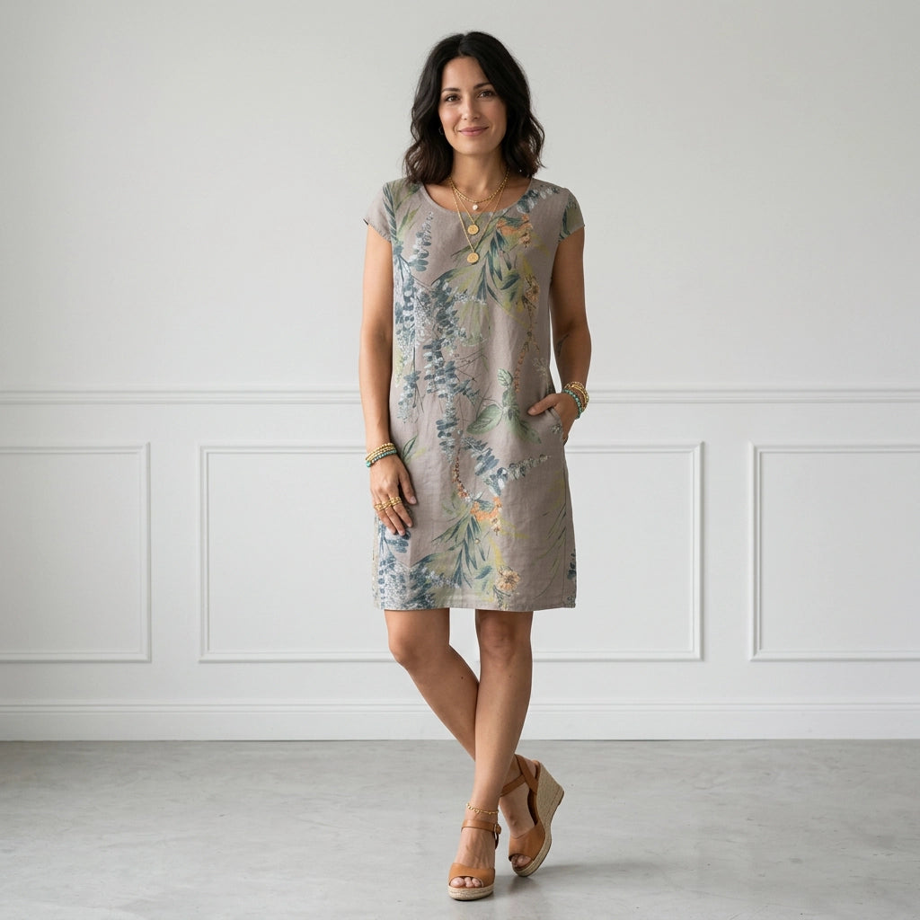 Sommerkleid für Damen in A-Linie mit kurzen Ärmeln und Taschen Braun 9
