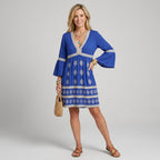 Sommerkleid für Damen in A-Linie mit Langarm und V-Ausschnitt Blau 1