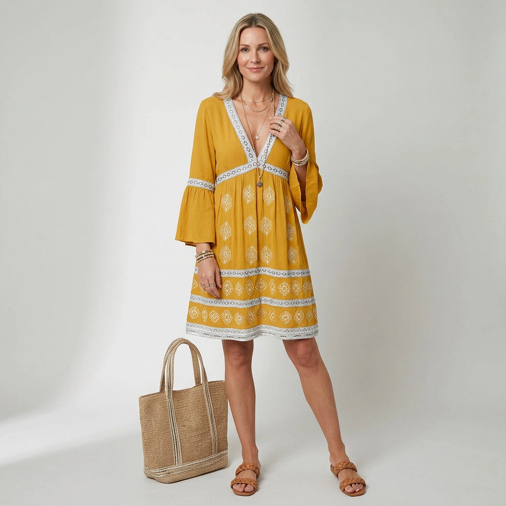 Sommerkleid für Damen in A-Linie mit Langarm und V-Ausschnitt Gelb 3