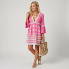 Sommerkleid für Damen in A-Linie mit Langarm und V-Ausschnitt Rosa 4