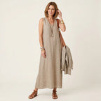 Sommerkleid für Damen in A-Linie mit Leinen ärmellos Khaki 3