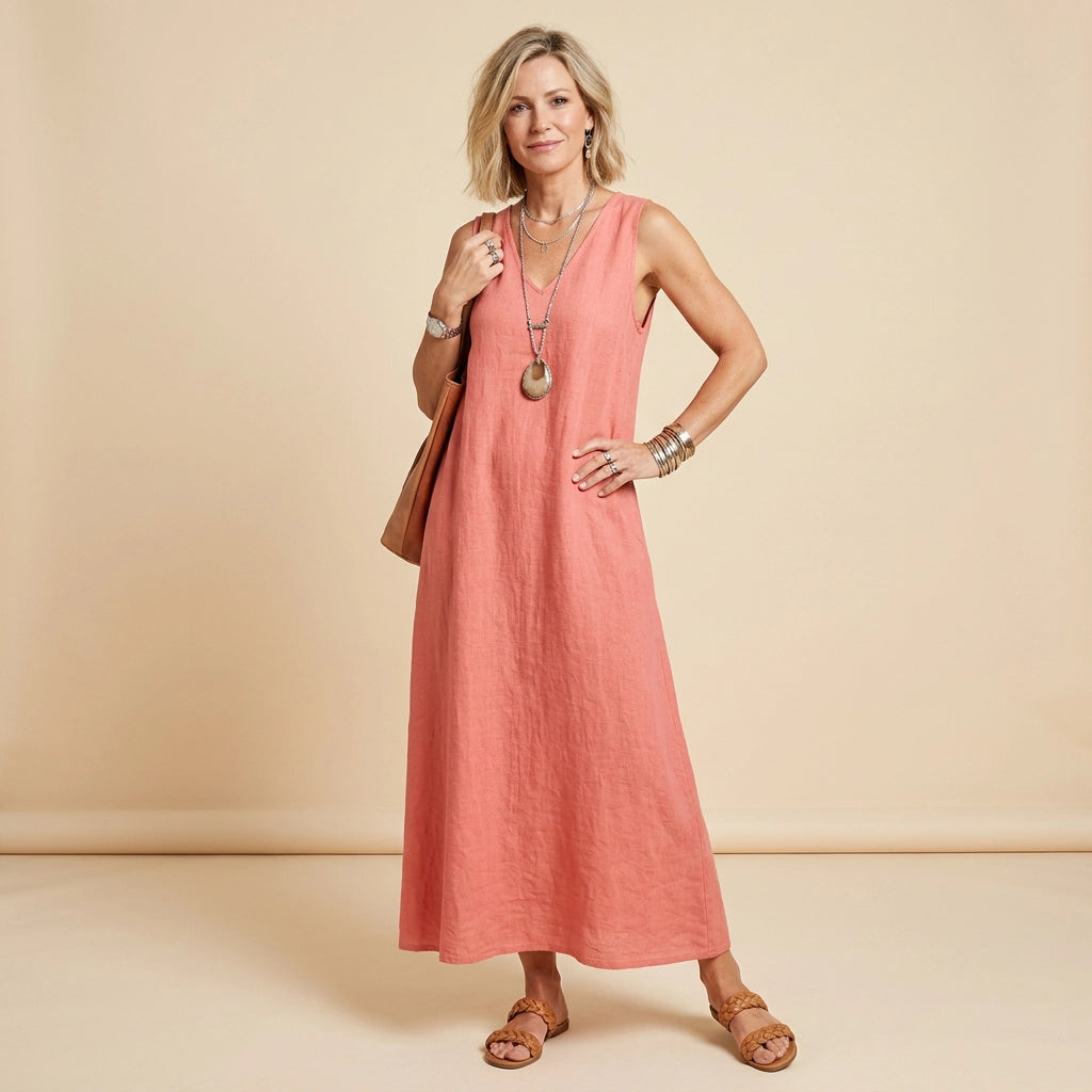 Sommerkleid für Damen in A-Linie mit Leinen ärmellos Rosa 5