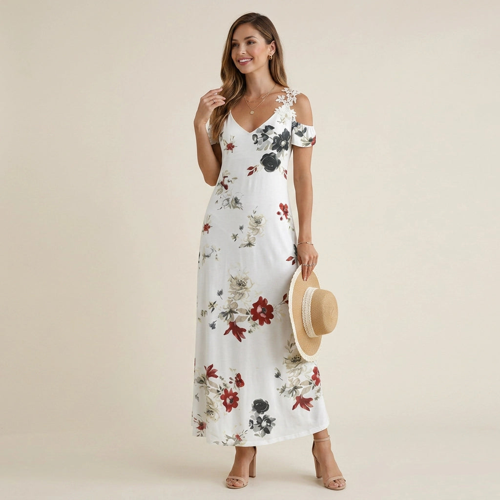 Sommerkleid für Damen in A-Linie mit Spitze im Blumenmuster Weiß 2