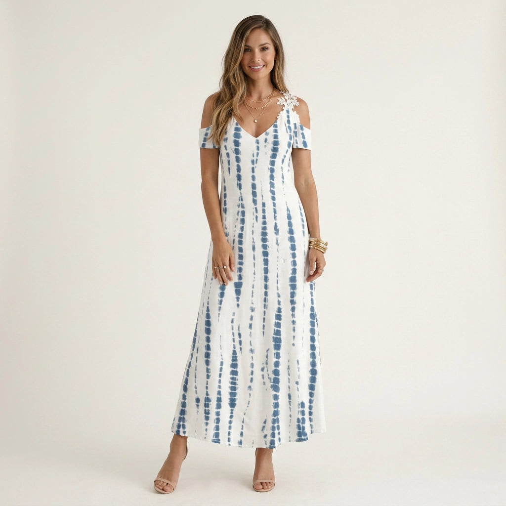 Sommerkleid für Damen in A-Linie mit Spitze im Blumenmuster Jeansblau 3