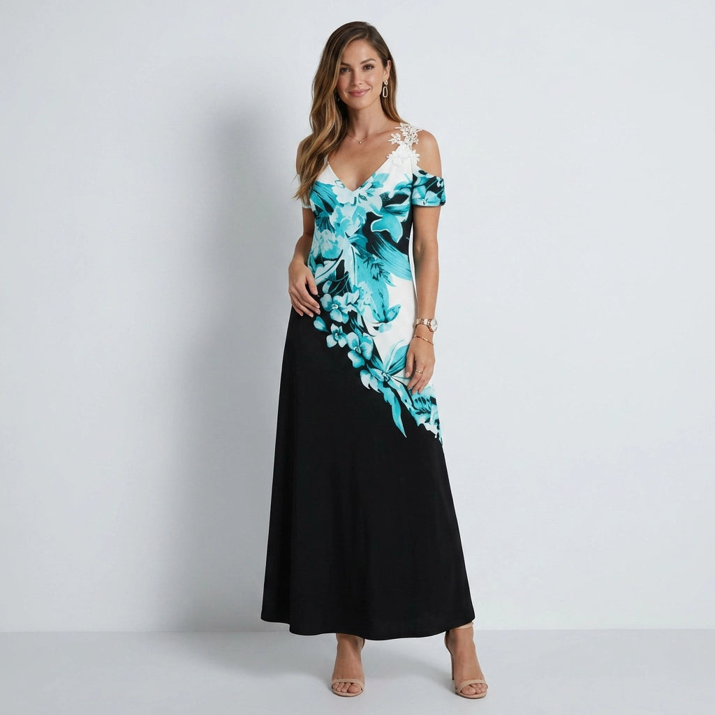 Sommerkleid für Damen in A-Linie mit Spitze im Blumenmuster Blau 6