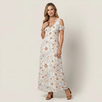 Sommerkleid für Damen in A-Linie mit Spitze im Blumenmuster Beige 7