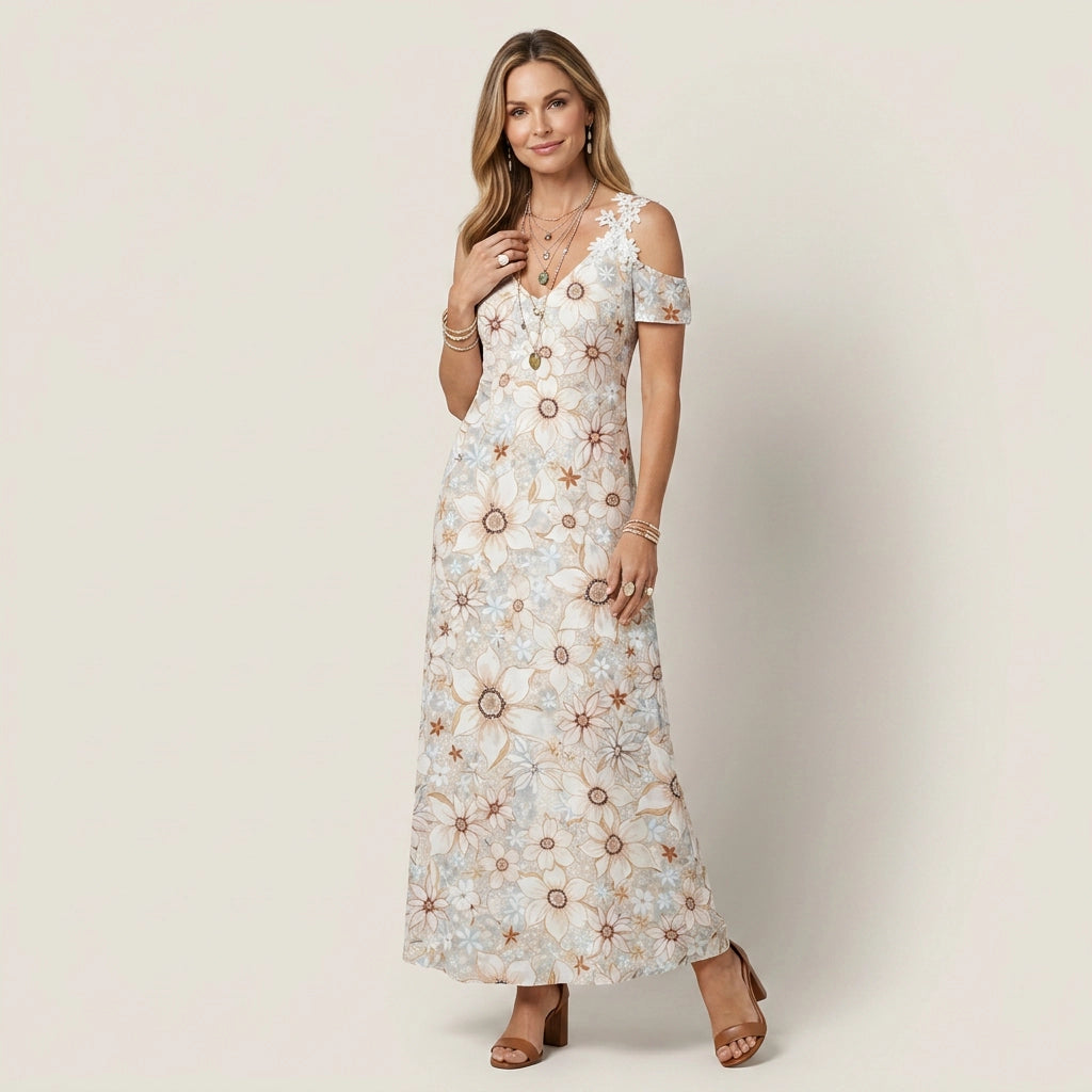 Sommerkleid für Damen in A-Linie mit Spitze im Blumenmuster Beige 7