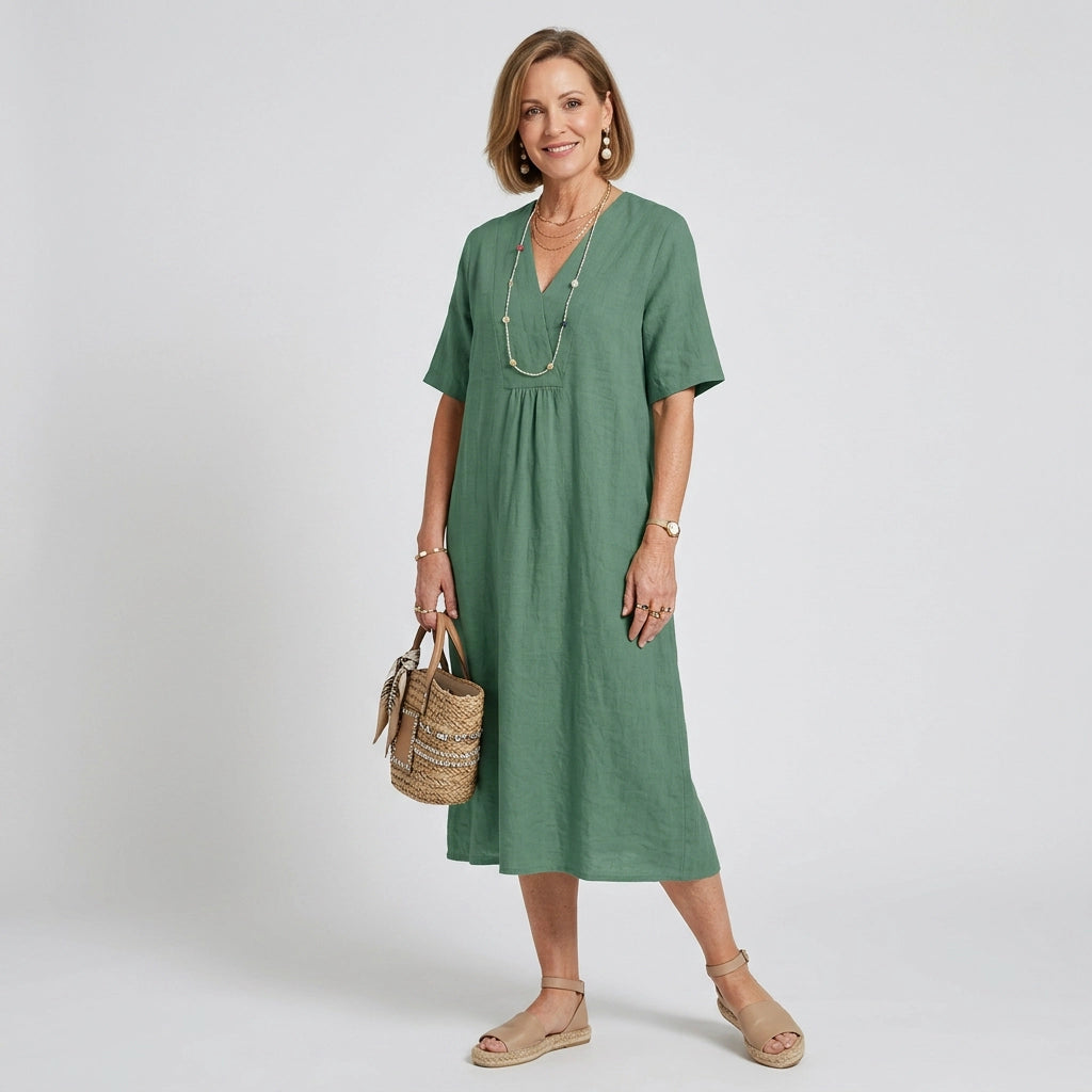 Sommerkleid für Damen in A-Linie mit V-Ausschnitt in Kurzarm-Form Dunkelgrün 1
