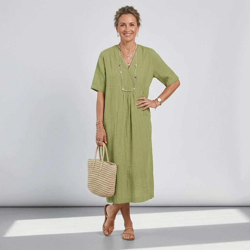 Sommerkleid für Damen in A-Linie mit V-Ausschnitt in Kurzarm-Form Grün 2
