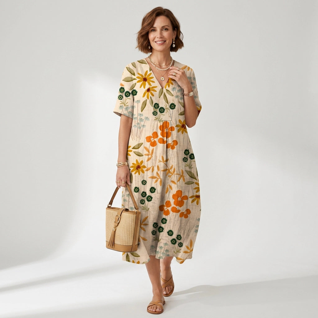 Sommerkleid für Damen in A-Linie mit V-Ausschnitt in Kurzarm-Form Orange 3