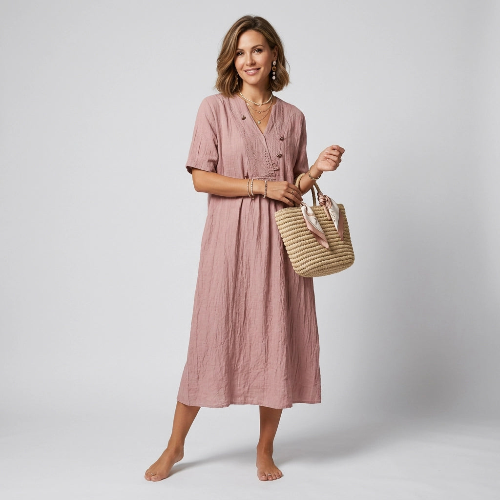 Sommerkleid für Damen in A-Linie mit V-Ausschnitt in Kurzarm-Form Rosa 3