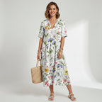 Sommerkleid für Damen in A-Linie mit V-Ausschnitt in Kurzarm-Form Weiß 4