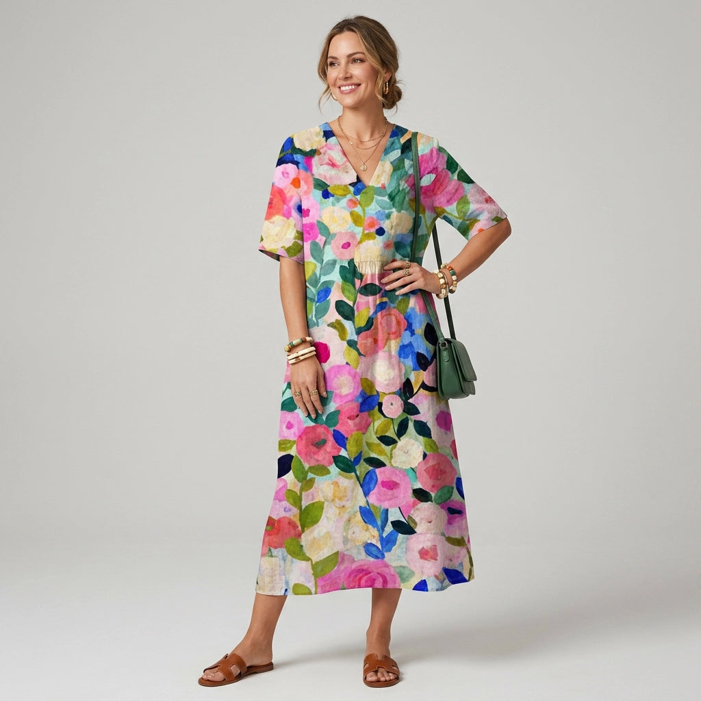 Sommerkleid für Damen in A-Linie mit V-Ausschnitt in Kurzarm-Form Rosa 5