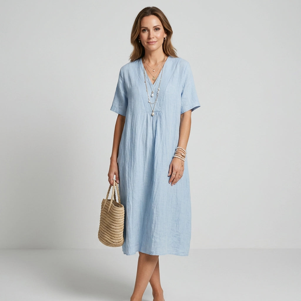 Sommerkleid für Damen in A-Linie mit V-Ausschnitt in Kurzarm-Form Blau 5