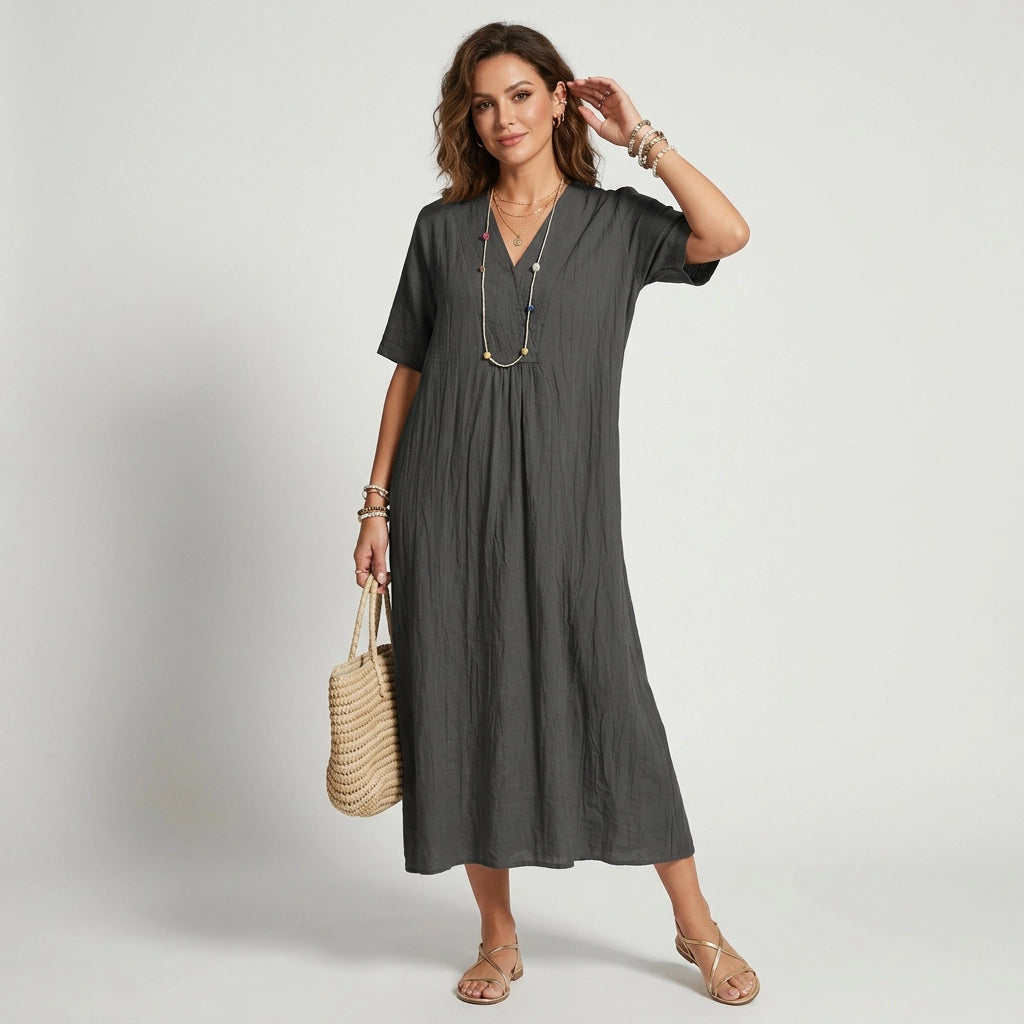 Sommerkleid für Damen in A-Linie mit V-Ausschnitt in Kurzarm-Form Grau 6