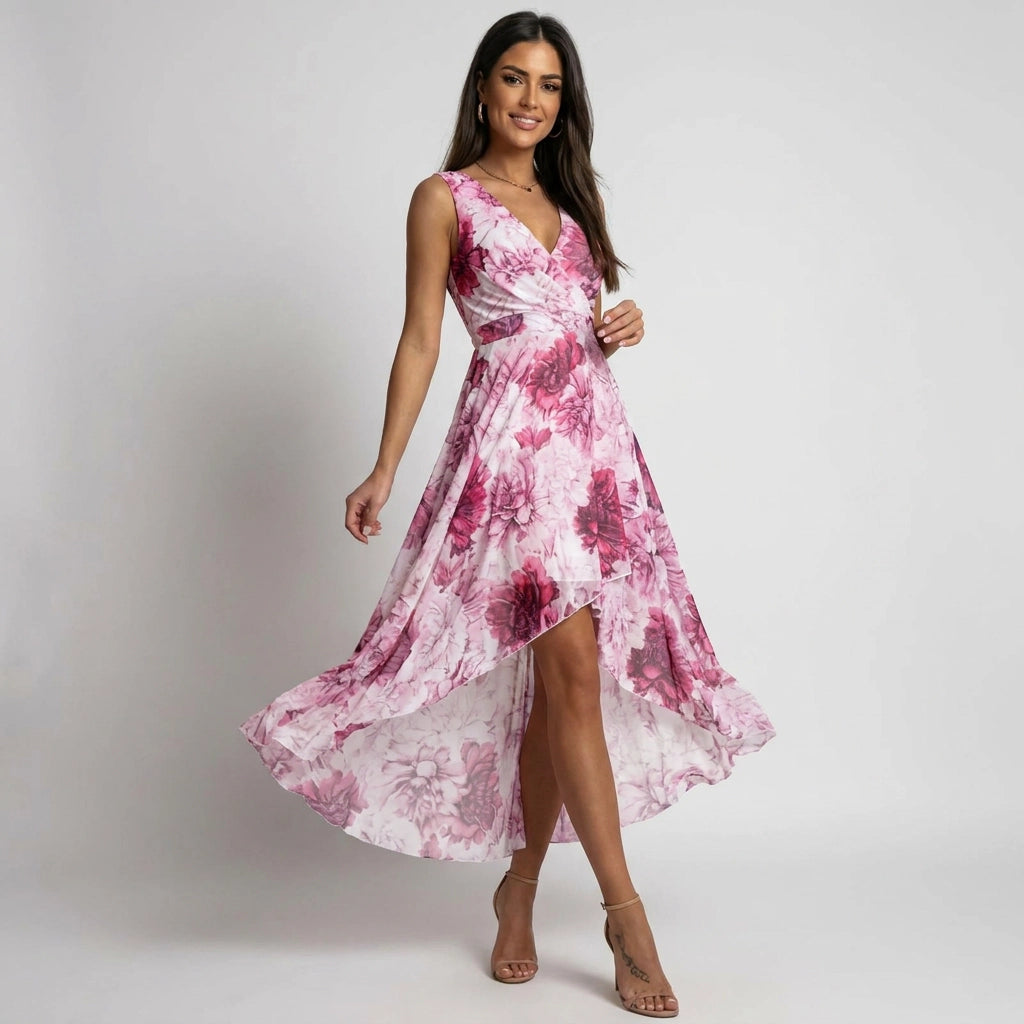 Sommerkleid für Damen mit Wickeloptik im Blumenmuster mit V-Ausschnitt Lila 8