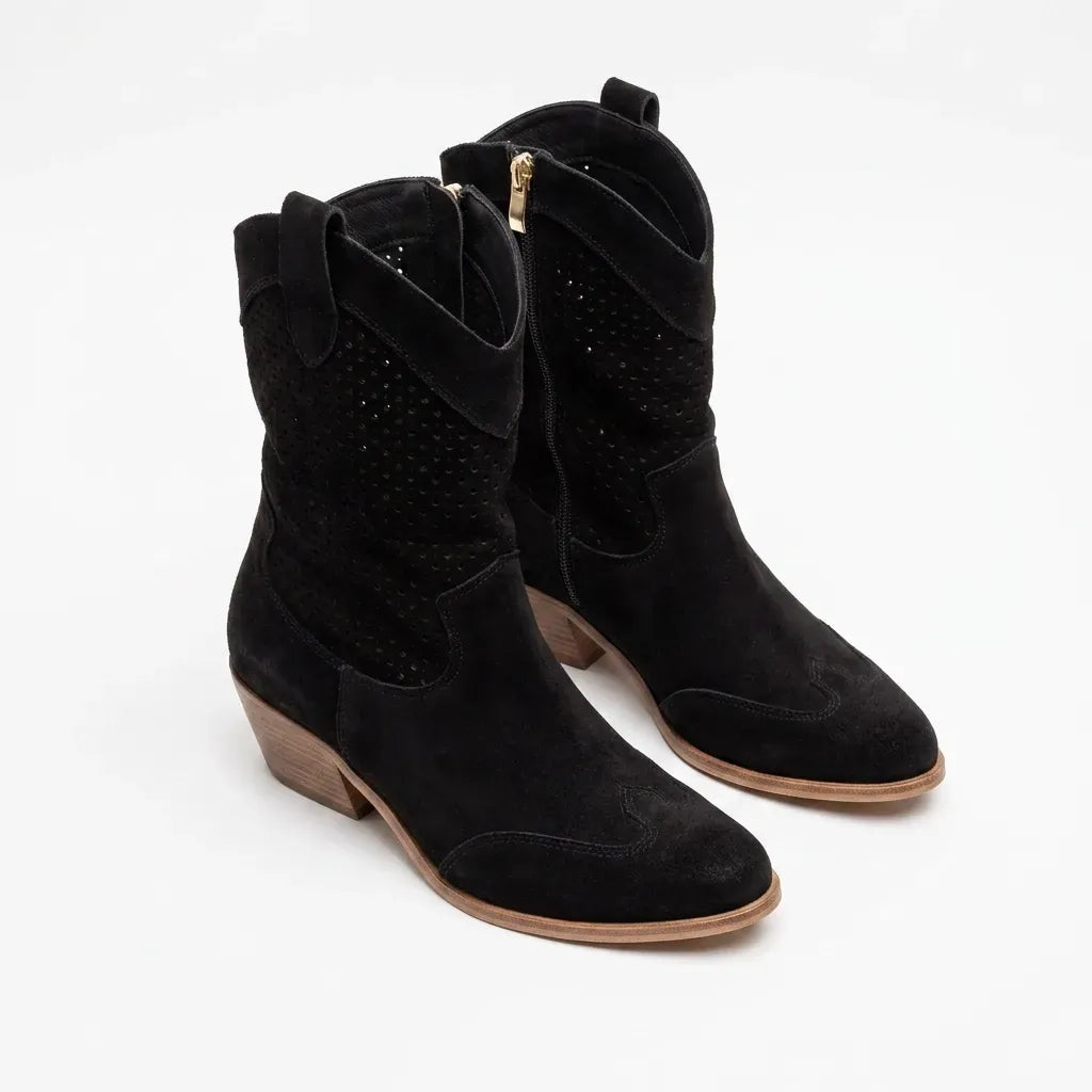Stiefeletten mit Absatz für Damen mit Kurzschaft aus Veloursleder mit Lochmuster Schwarz 2