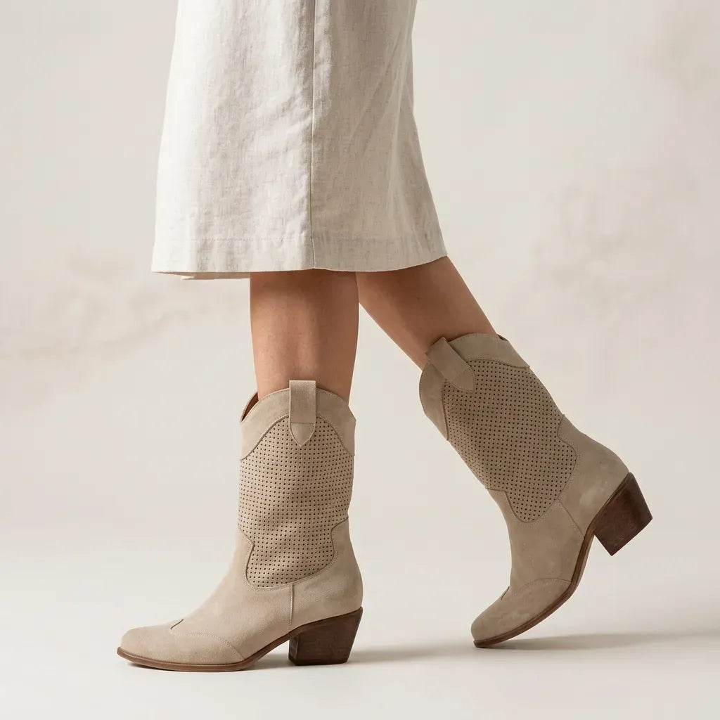 Stiefeletten mit Absatz für Damen mit Kurzschaft aus Veloursleder mit Lochmuster Khaki 3