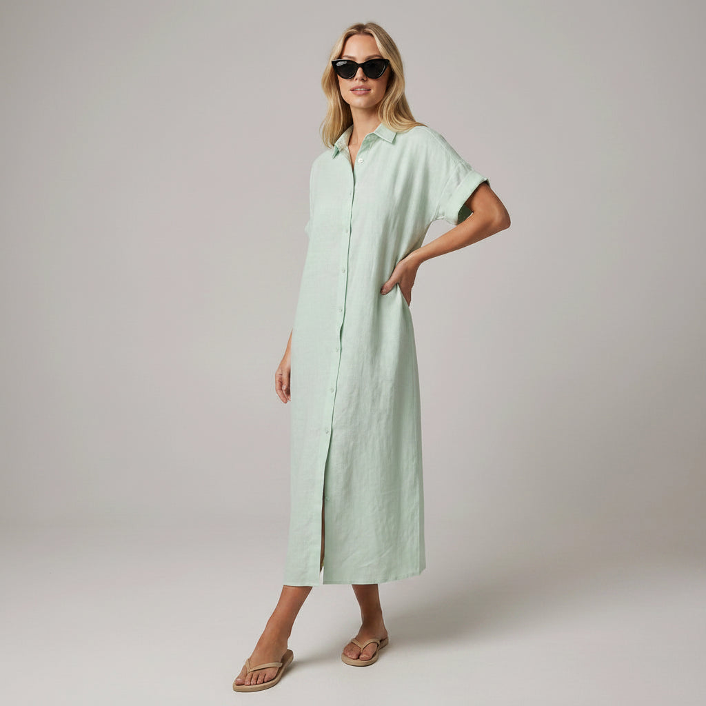 Midi Strandkleid im Shirt Design in Pastellfarben Olivgrün 5