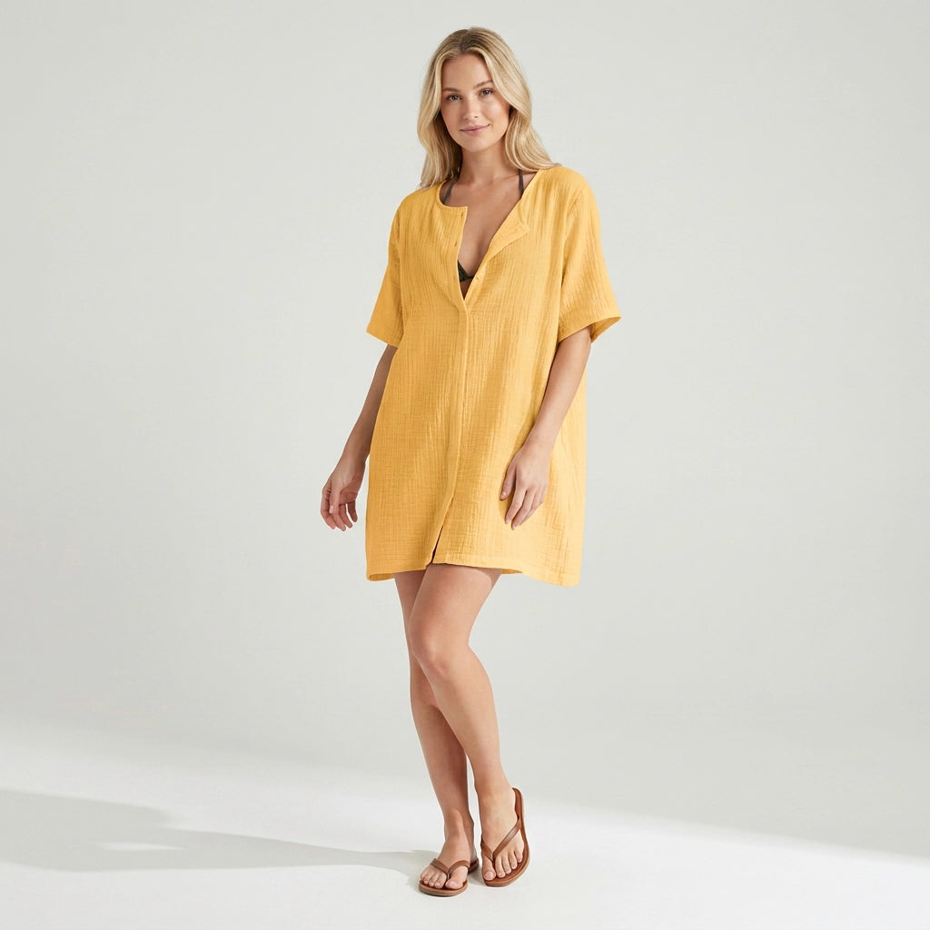 Strandkleid für Damen im A-Linien-Schnitt aus Baumwolle Gelb 11