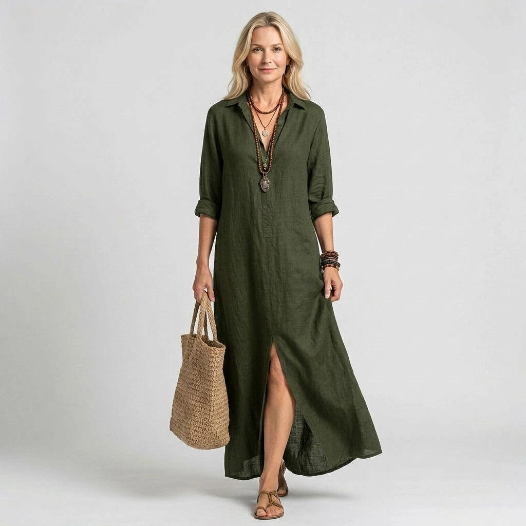 Strandkleid mit Kragen und Knopfleiste im lockeren Schnitt Grün 2