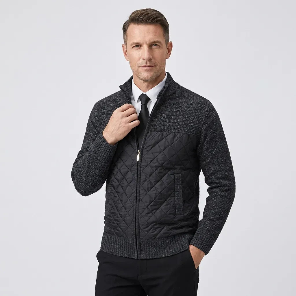 Strickjacke für Herren aus Grobstrick mit Reißverschluss im Rautenmuster Schwarz 1