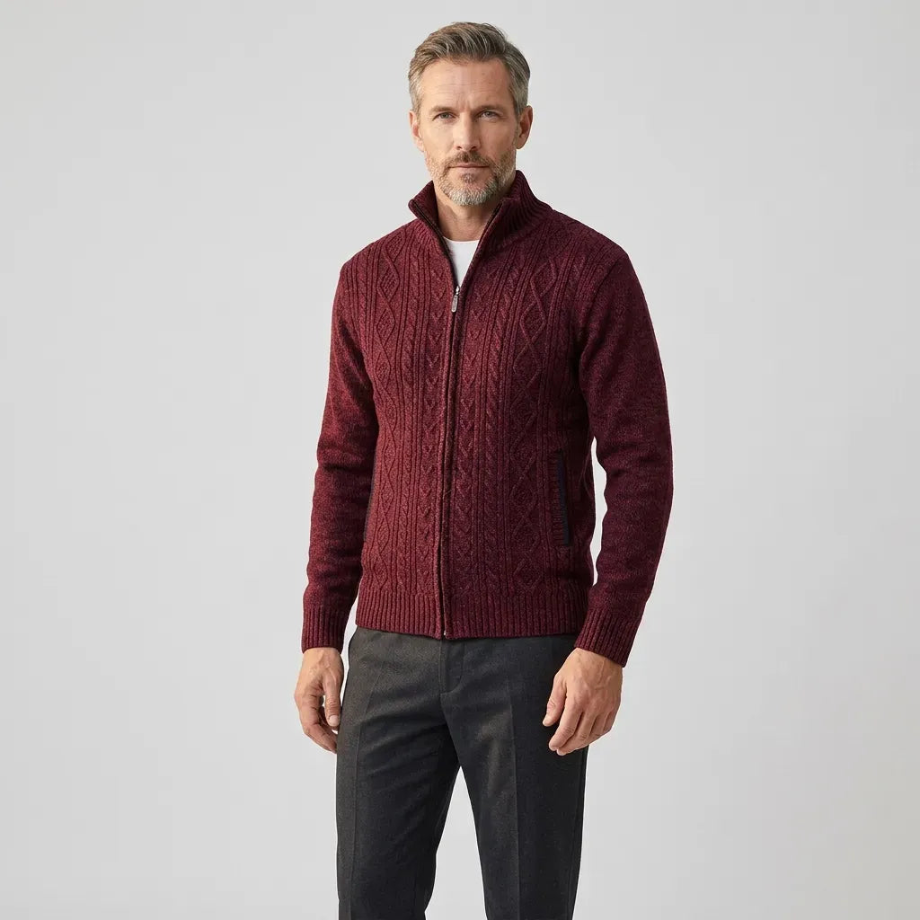 Strickjacke für Herren mit Grobstrick mit Zopfmuster im Rautenmuster Dunkelrot 1
