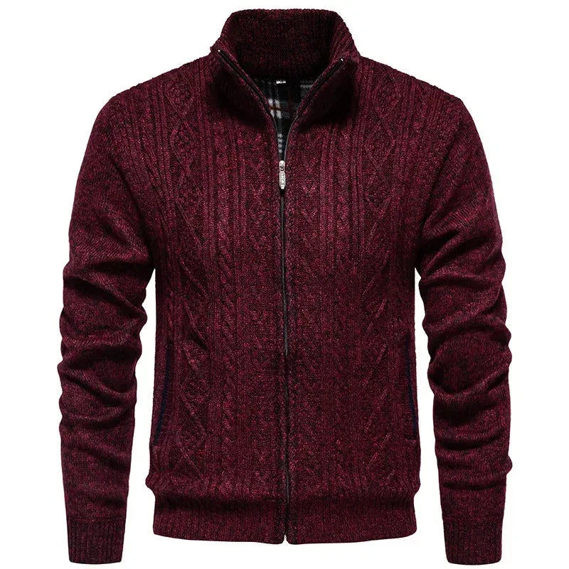 Strickjacke für Herren mit Grobstrick mit Zopfmuster im Rautenmuster Dunkelrot 2