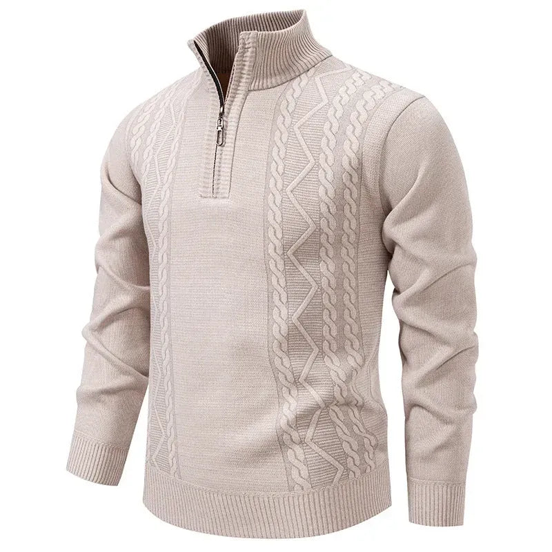 Strickjacke mit Reißverschluss für Herren mit Stehkragen im Zopfstrickmuster Beige 2