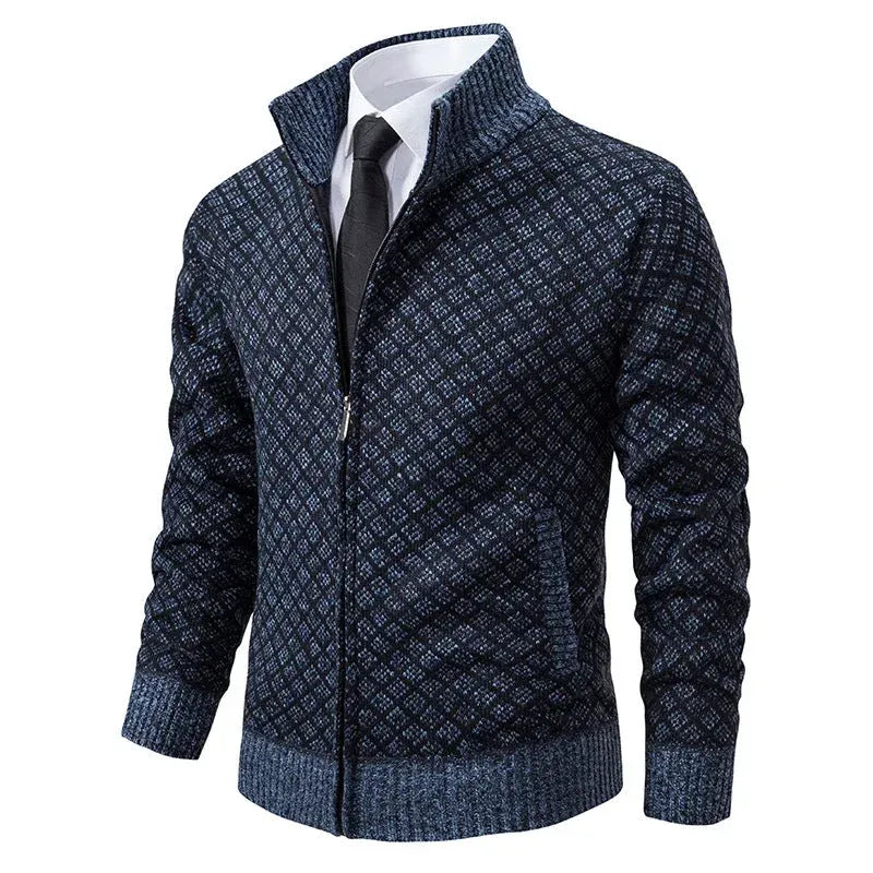 Strickjacke mit Reißverschluss für Herren mit Stehkragen mit Taschen aus strukturiertem Strickstoff Blau 2
