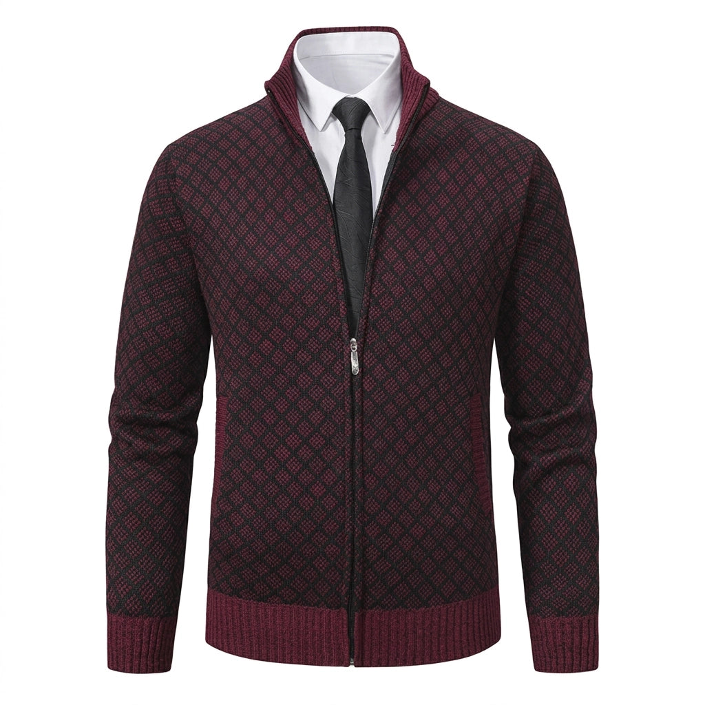Strickjacke mit Reißverschluss für Herren mit Stehkragen mit Taschen aus strukturiertem Strickstoff Dunkelrot 4