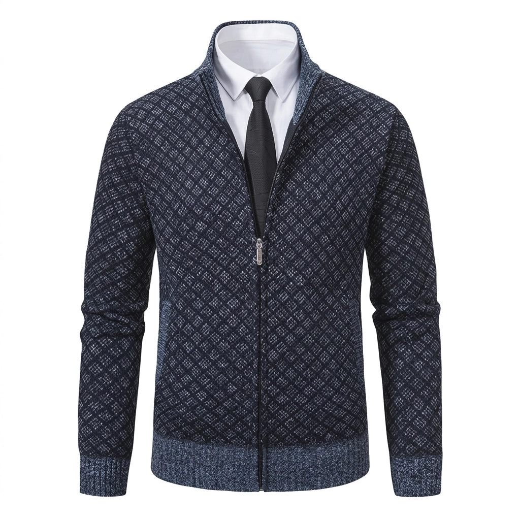 Strickjacke mit Reißverschluss für Herren mit Stehkragen mit Taschen aus strukturiertem Strickstoff Blau 5
