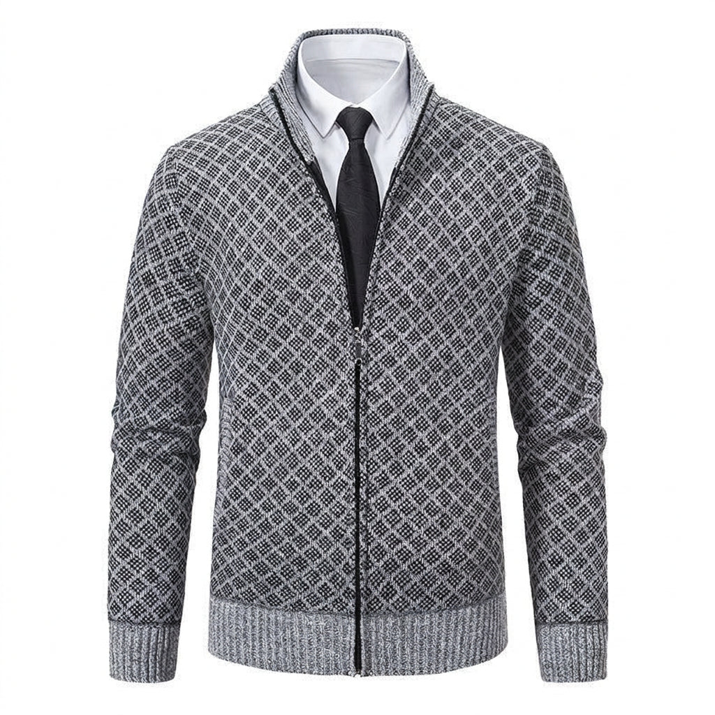 Strickjacke mit Reißverschluss für Herren mit Stehkragen mit Taschen aus strukturiertem Strickstoff Hellgrau 7