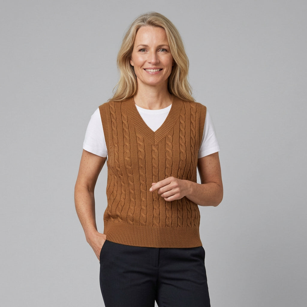 Strickweste für Damen aus Wolle mit Zopfmuster im ärmellosen Schnitt Braun 1