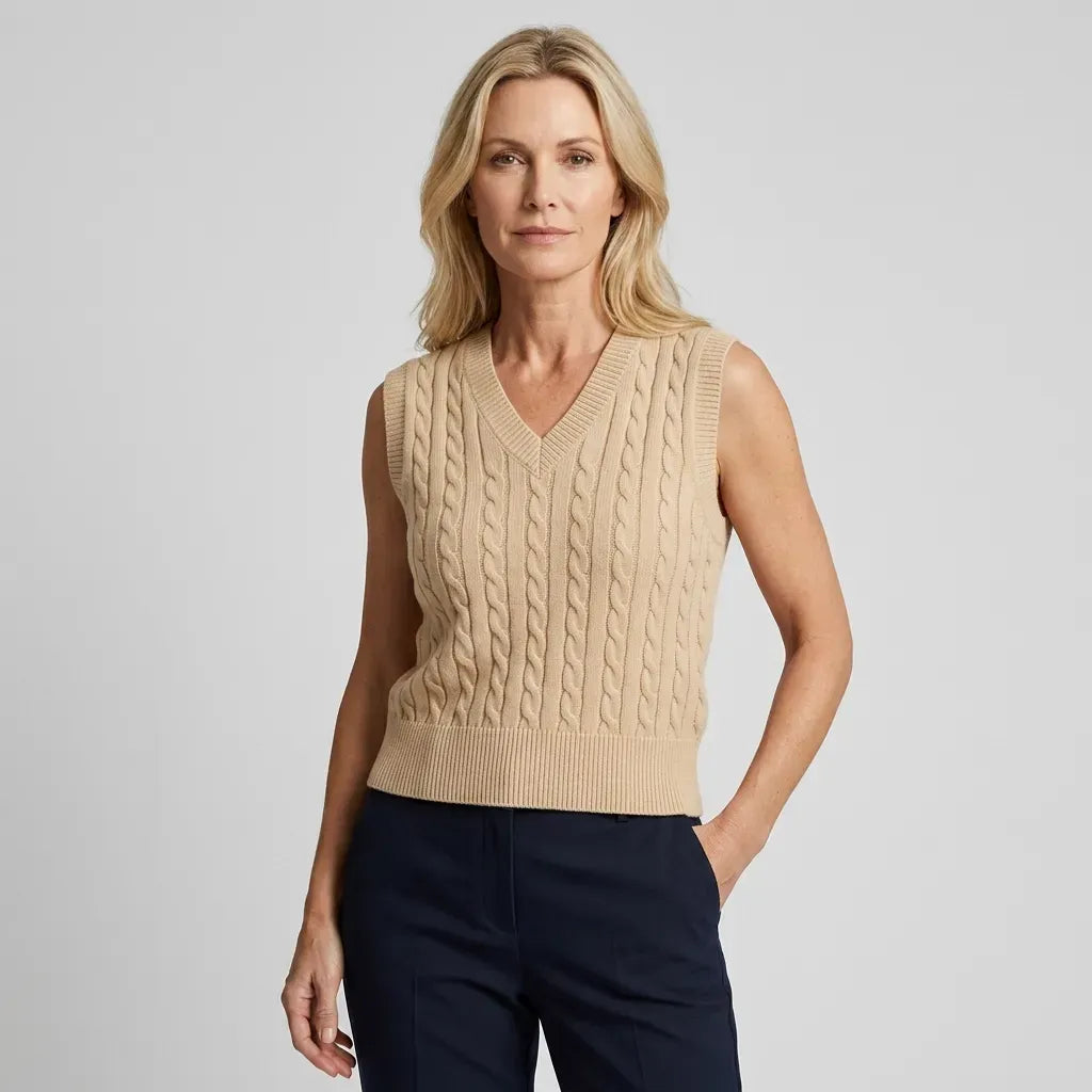 Strickweste für Damen aus Wolle mit Zopfmuster im ärmellosen Schnitt Beige 13