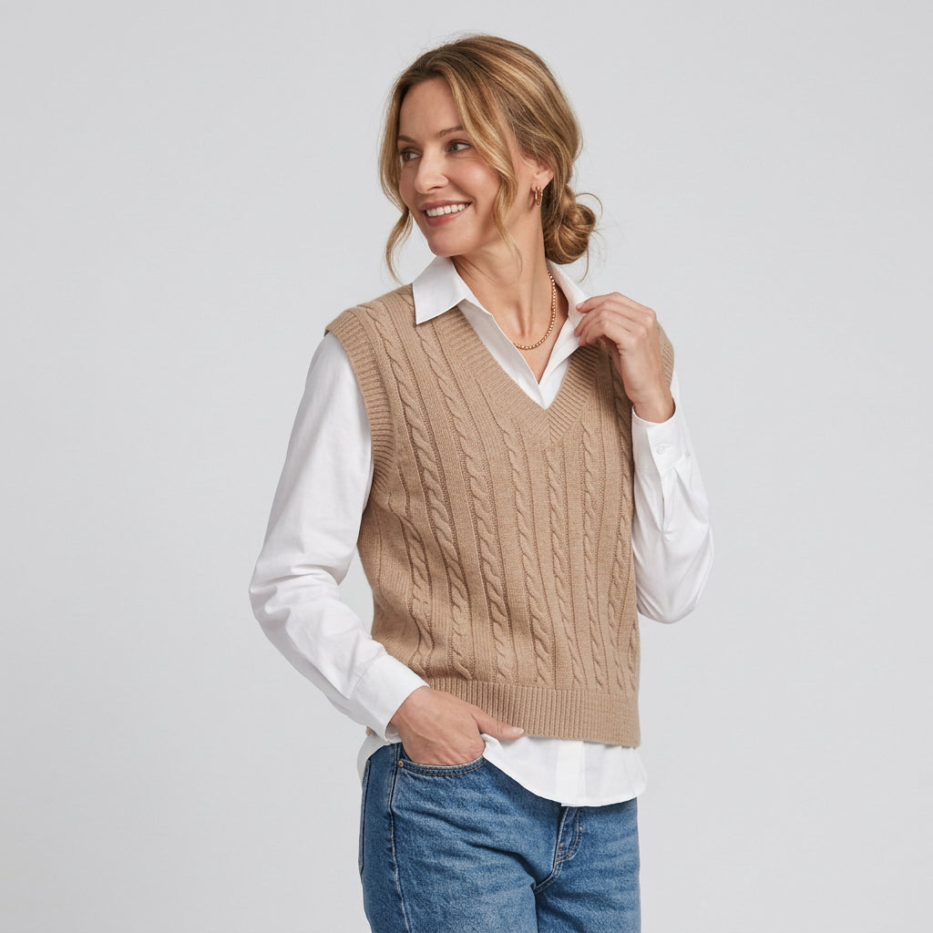 Strickweste für Damen aus Wolle mit Zopfmuster im ärmellosen Schnitt Khaki 4