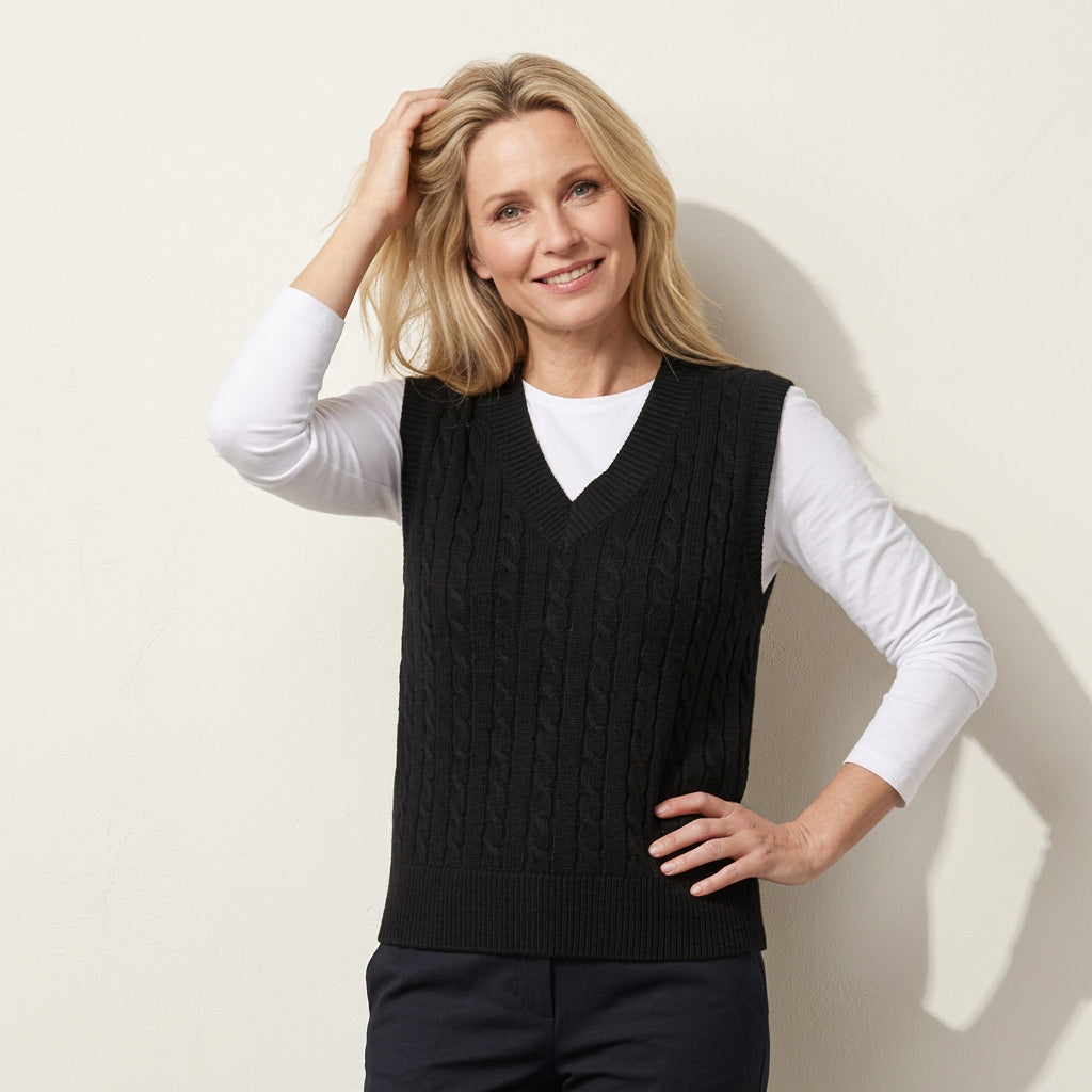 Strickweste für Damen aus Wolle mit Zopfmuster im ärmellosen Schnitt Schwarz 6