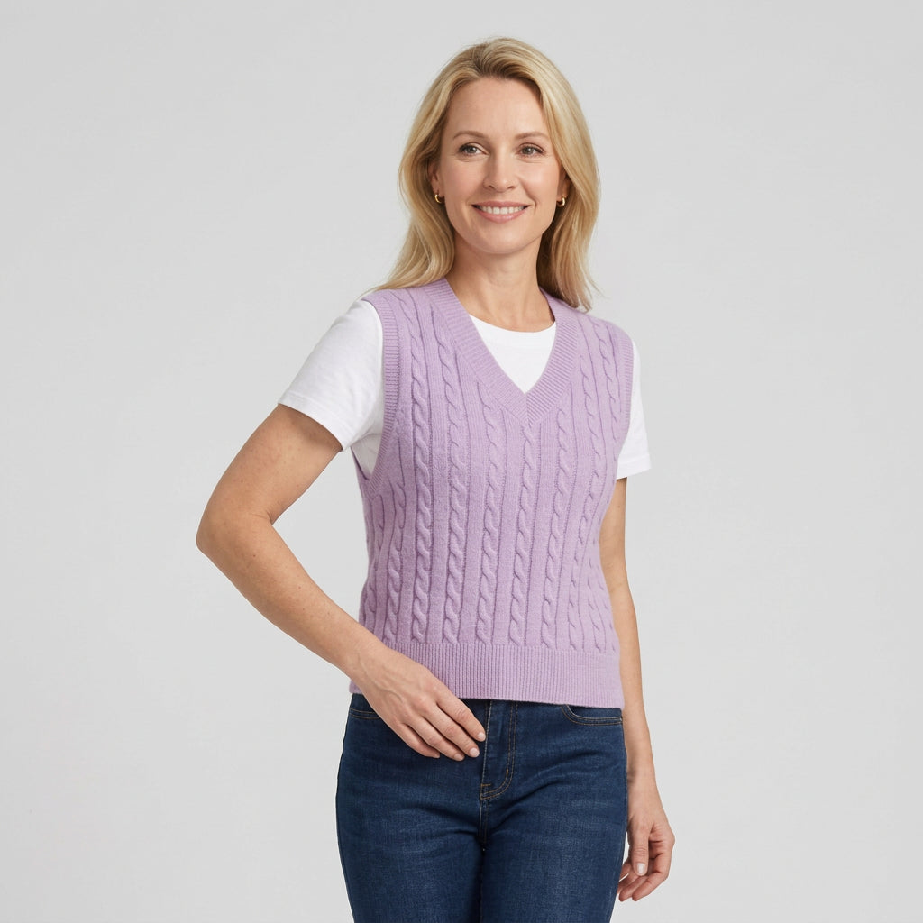 Strickweste für Damen aus Wolle mit Zopfmuster im ärmellosen Schnitt Lila 8