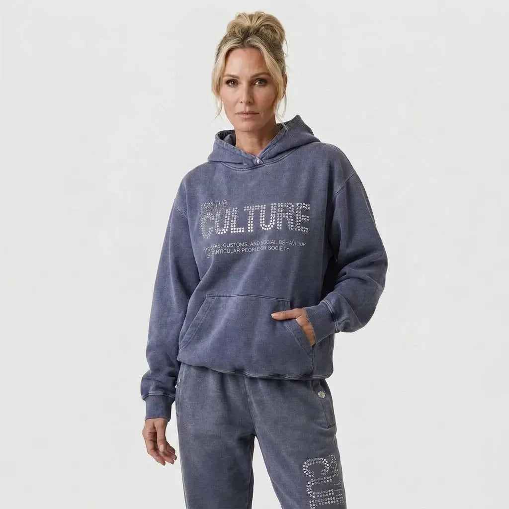 Sweatjacke für Damen im Oversize-Stil aus reiner Baumwolle mit Strasssteinen Blau 2