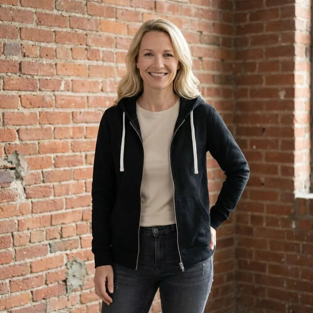 Sweatjacke für Damen mit Kapuze mit Reißverschluss im sportlichen Stil Schwarz 1